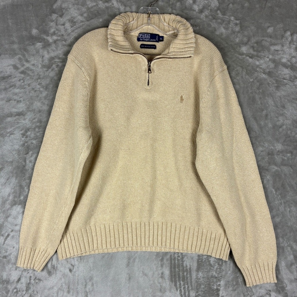 Polo Ralph Lauren Men XL Beige 100% Recycled Cotton Quarter Zip Sweater Pullover